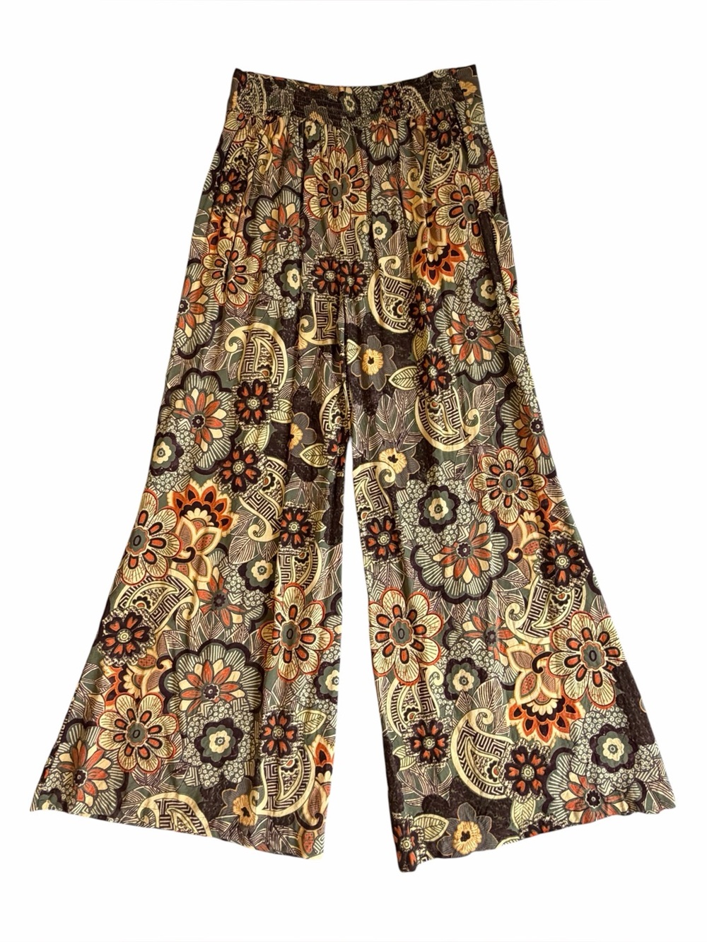 Angie Wide-Leg Floral Print Pants in Brown Green and Orange Size M #2292 - Picture 4 of 6